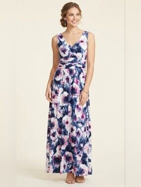 London Times Bold Floral Ruched Maxi Dress Summer Watercolours Navy Pink White